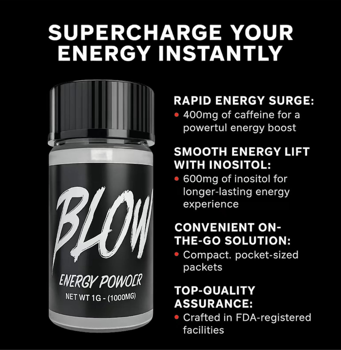 Blow Energy Powder - 1g Container - 30 Pack (400mg Caffeine Per Vial)